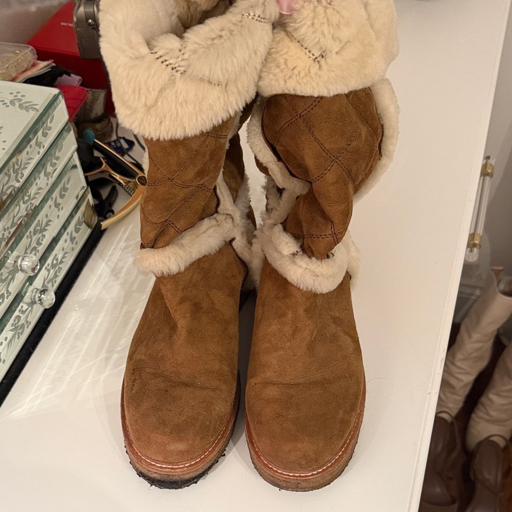 Moncler Women's Tan Shearling Merino Sheep Fur Boots